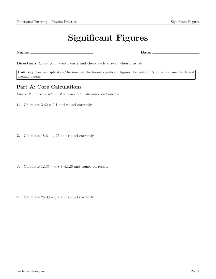 First-page preview of the Significant Figures worksheet