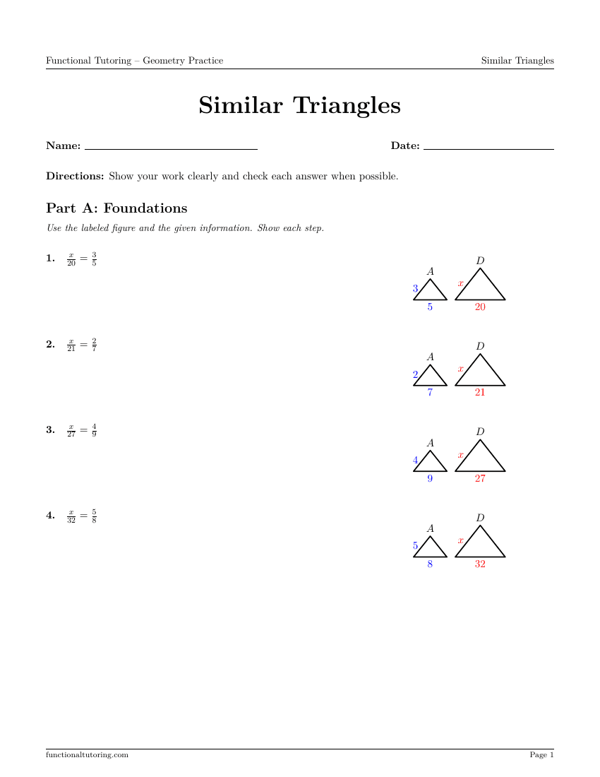 First-page preview of the Similar Triangles worksheet
