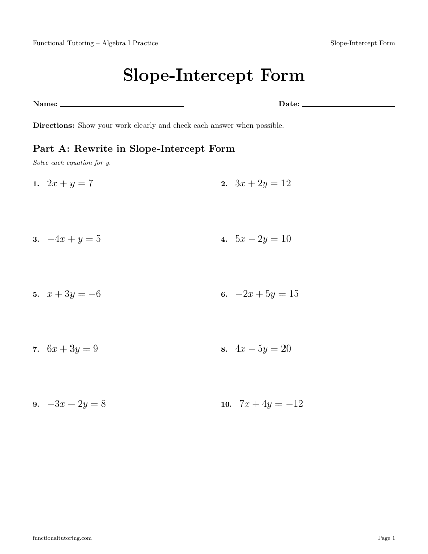 First-page preview of the Slope-Intercept Form worksheet