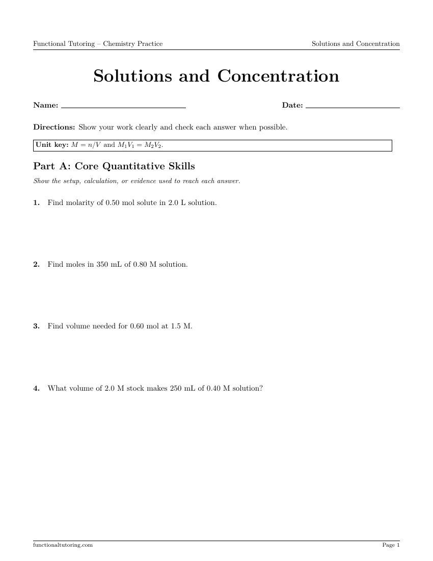 First-page preview of the Solutions and Concentration worksheet