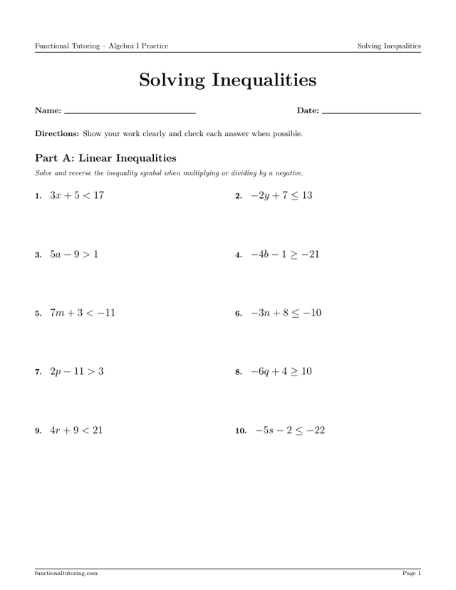 Preview of the Solving Inequalities worksheet