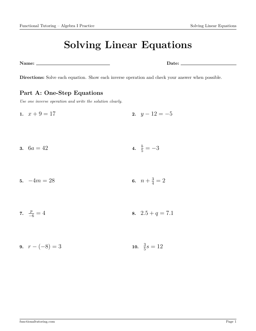 First-page preview of the Solving Linear Equations worksheet