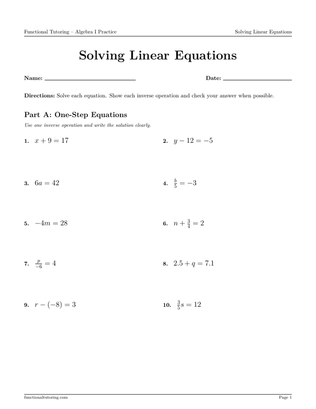 Preview of the Solving Linear Equations worksheet