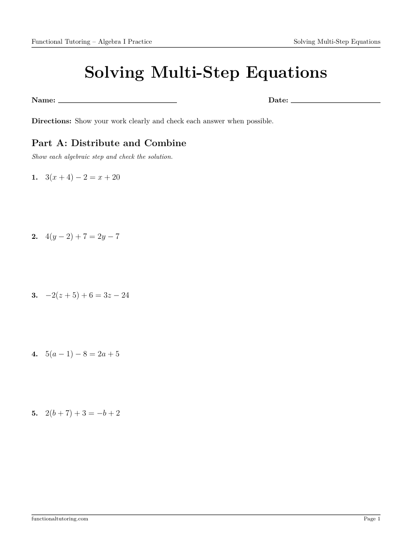 First-page preview of the Solving Multi-Step Equations worksheet