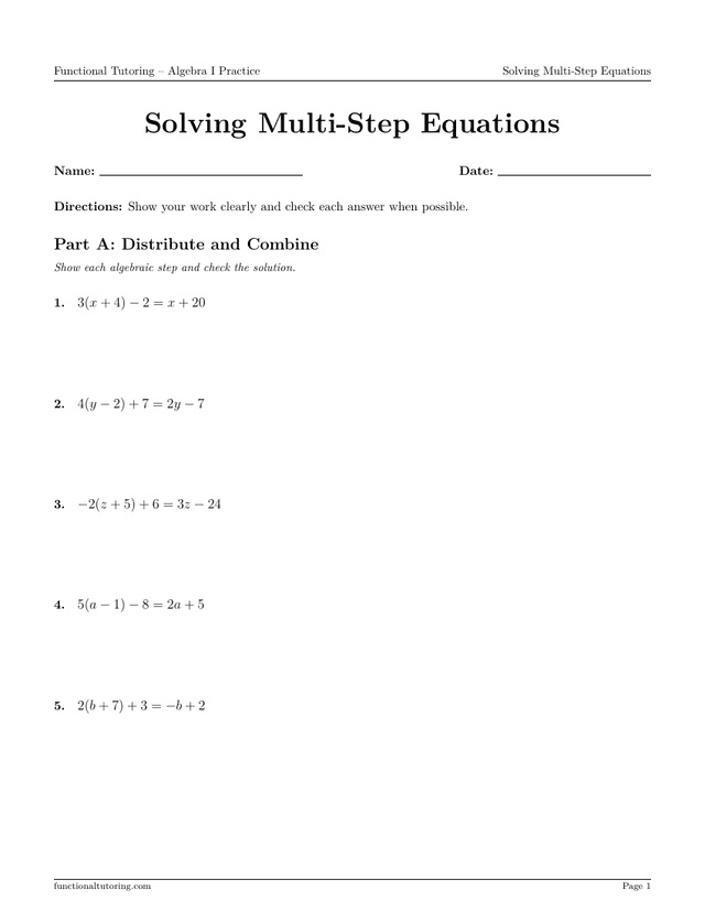 Preview of the Solving Multi-Step Equations worksheet