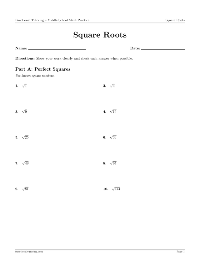 Preview of the Square Roots worksheet