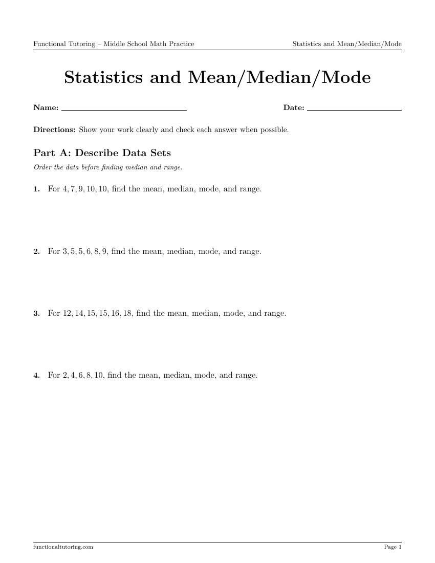 First-page preview of the Statistics & Mean/Median/Mode worksheet