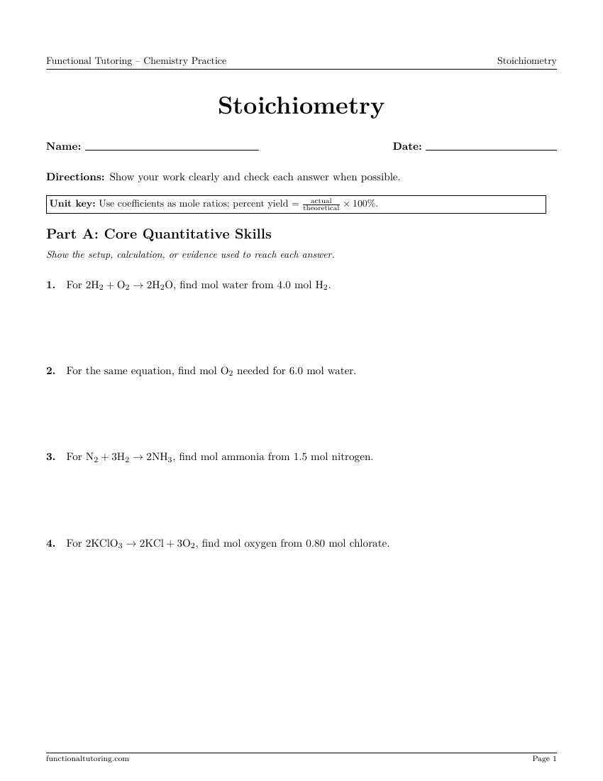 First-page preview of the Stoichiometry worksheet