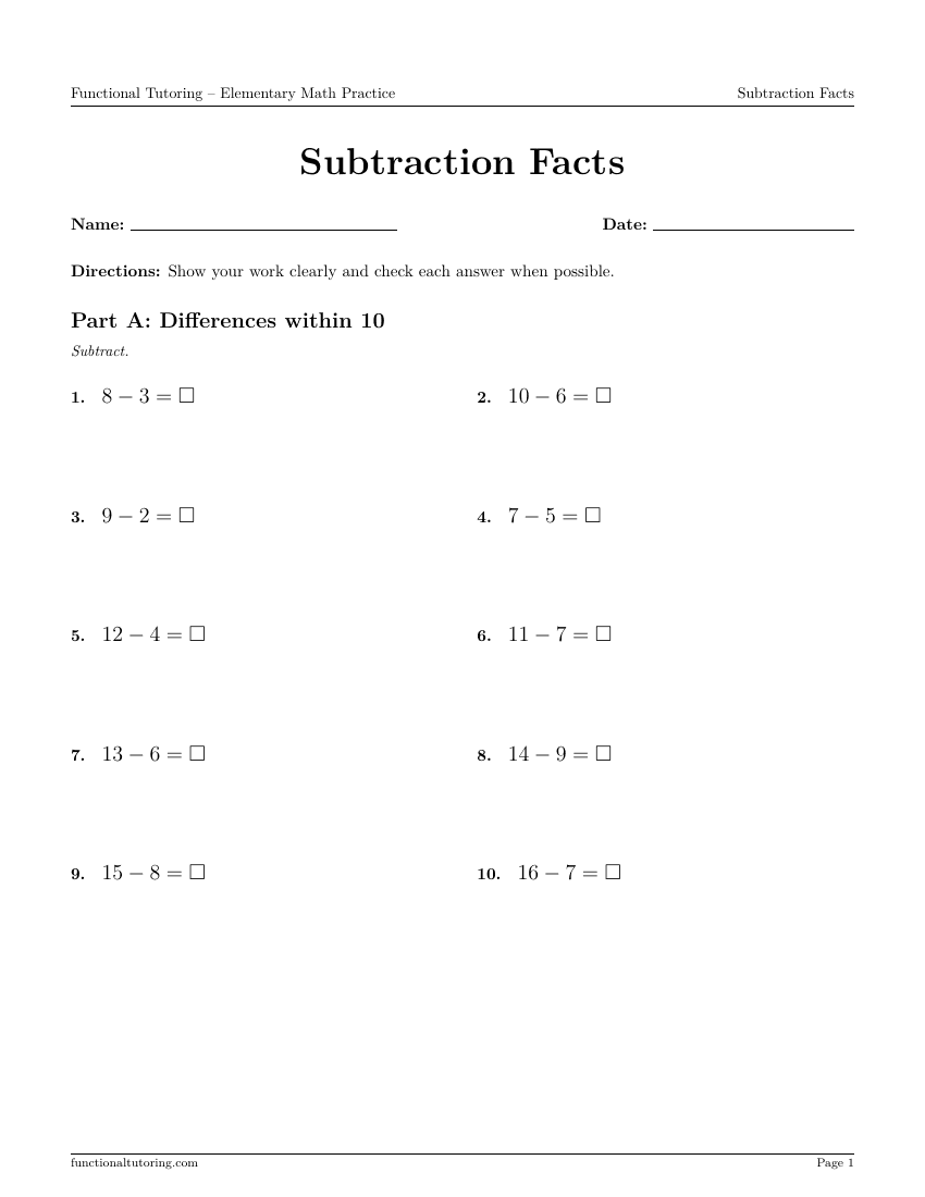 First-page preview of the Subtraction Facts worksheet