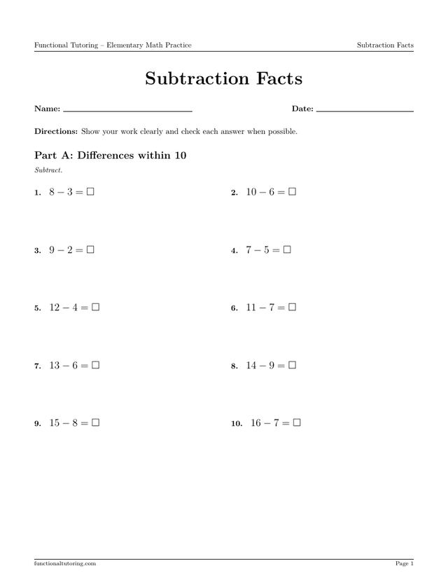 Preview of the Subtraction Facts worksheet
