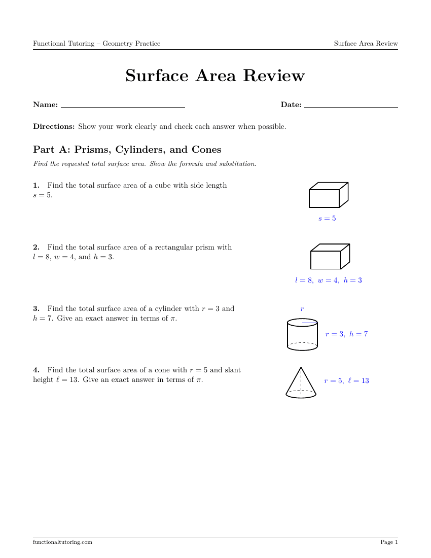 First-page preview of the Surface Area Review worksheet