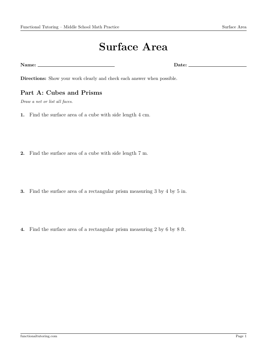 First-page preview of the Surface Area worksheet