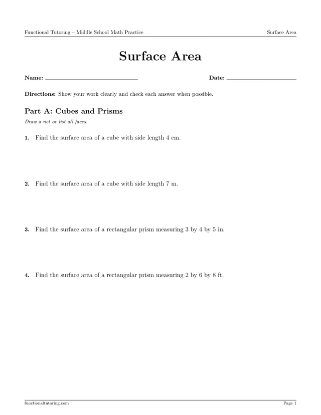 Preview of the Surface Area worksheet