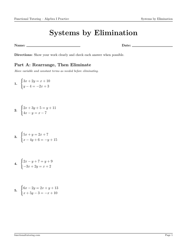 Preview of the Systems by Elimination worksheet