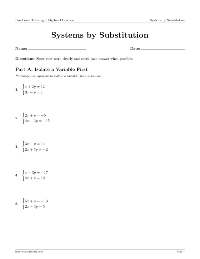 Preview of the Systems by Substitution worksheet