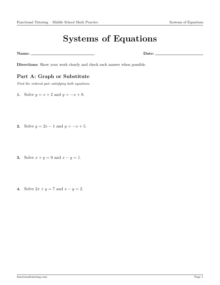 First-page preview of the Systems of Equations worksheet