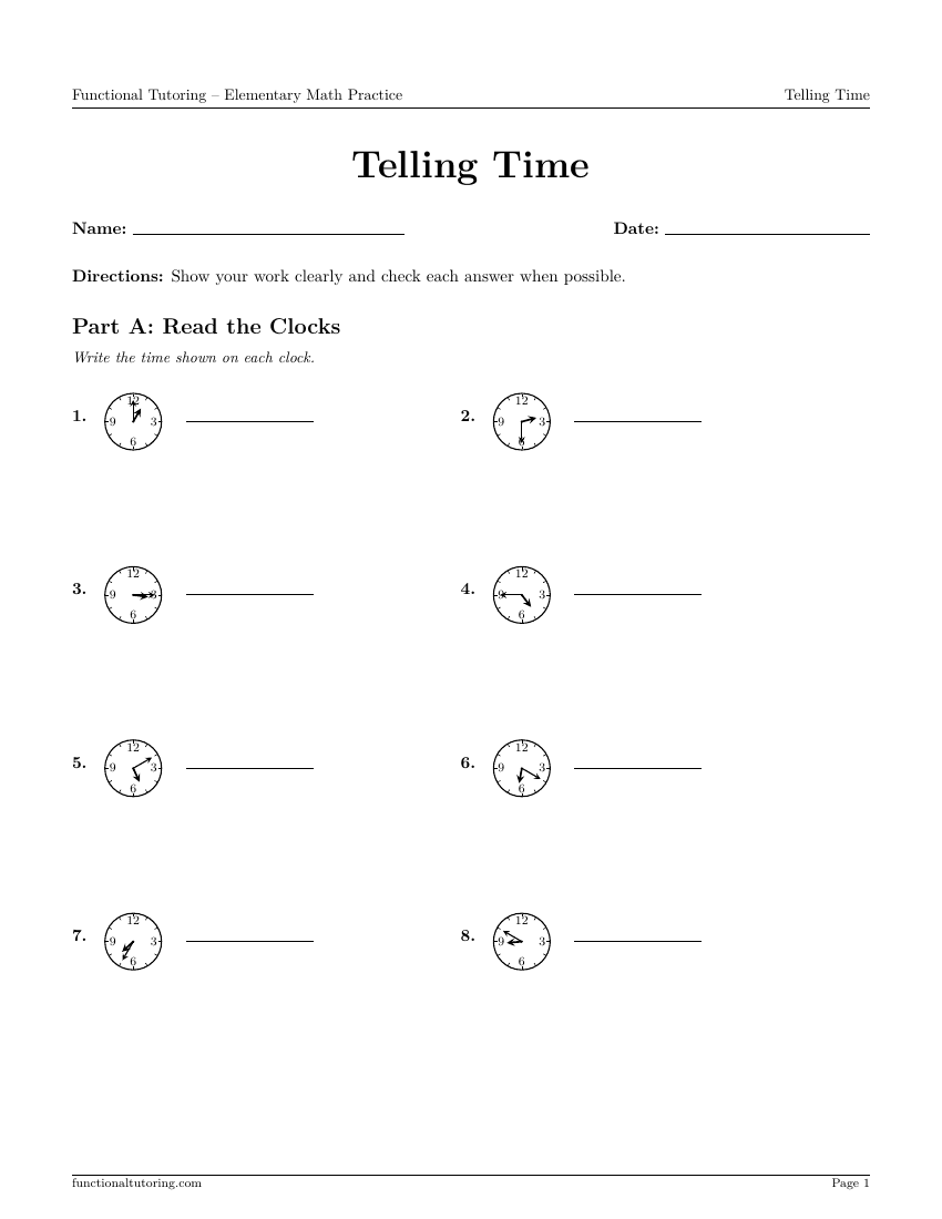 First-page preview of the Telling Time worksheet