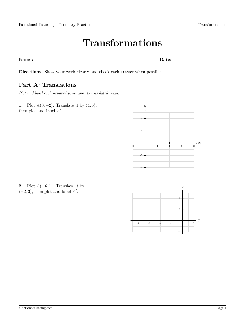 First-page preview of the Transformations worksheet