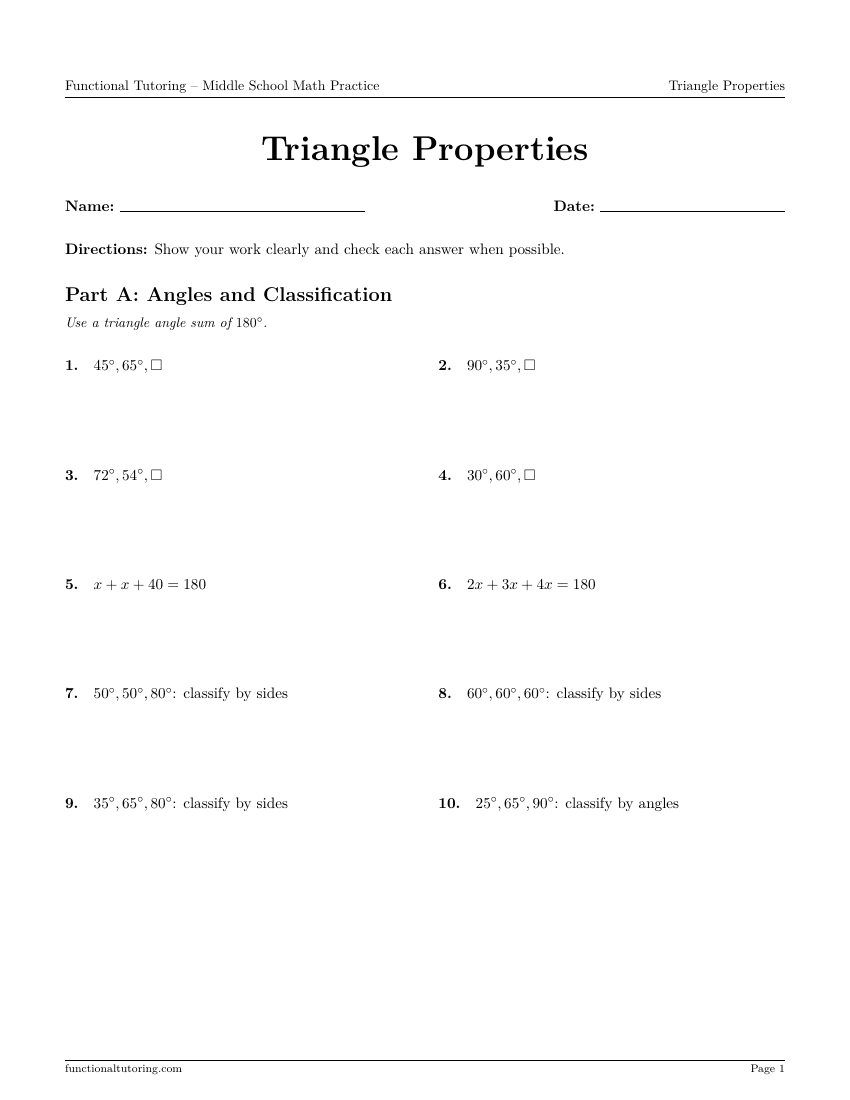 First-page preview of the Triangle Properties worksheet