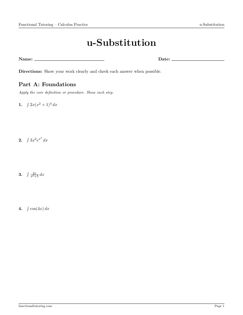 First-page preview of the u-Substitution worksheet