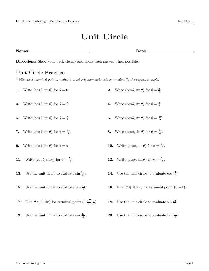 First-page preview of the Unit Circle worksheet