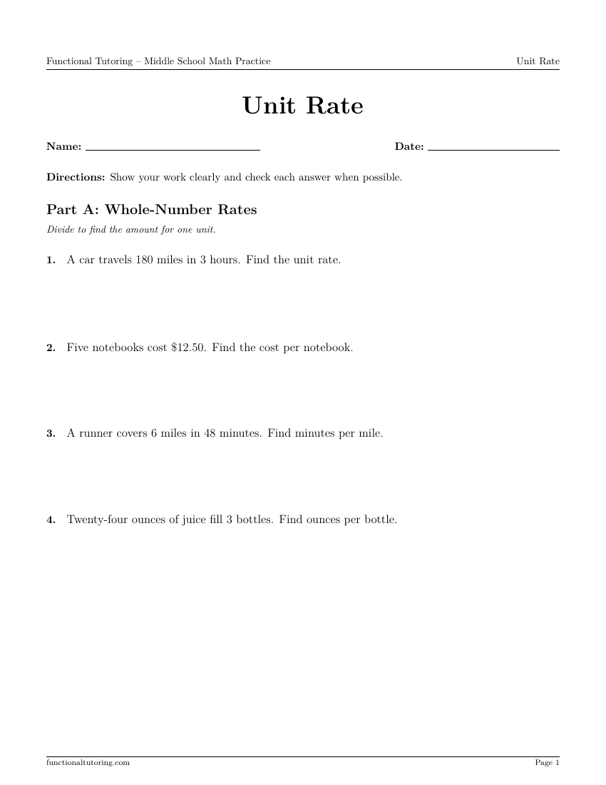 First-page preview of the Unit Rate worksheet