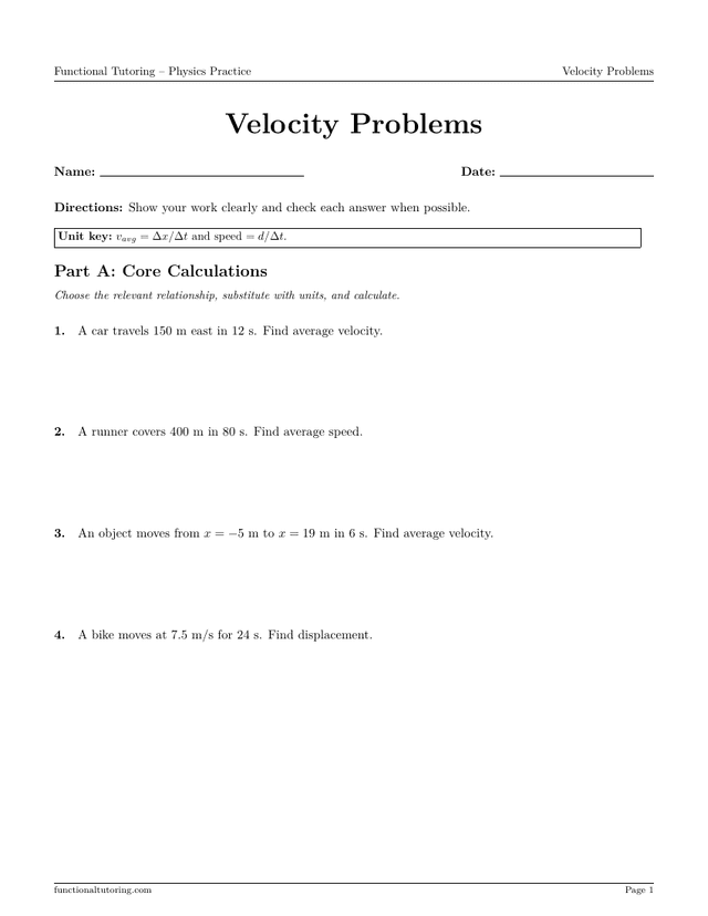 Preview of the Velocity Problems worksheet