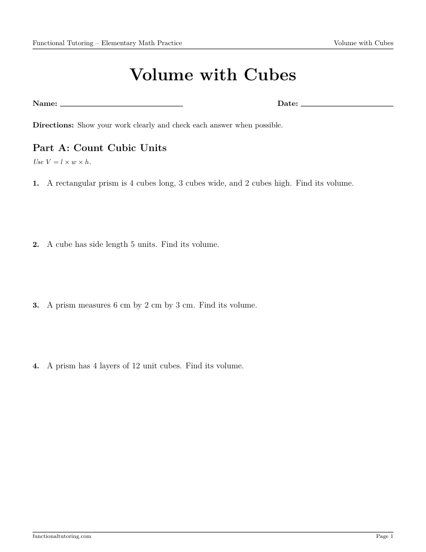 First-page preview of the Volume with Cubes worksheet