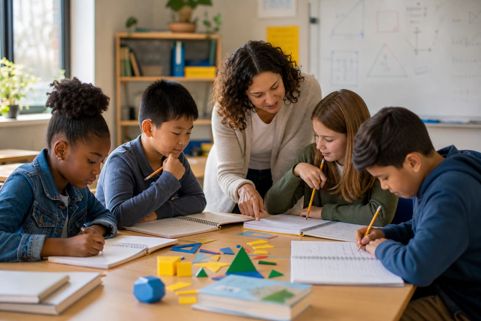 Elementary students working on challenging mathematics problems with a teacher