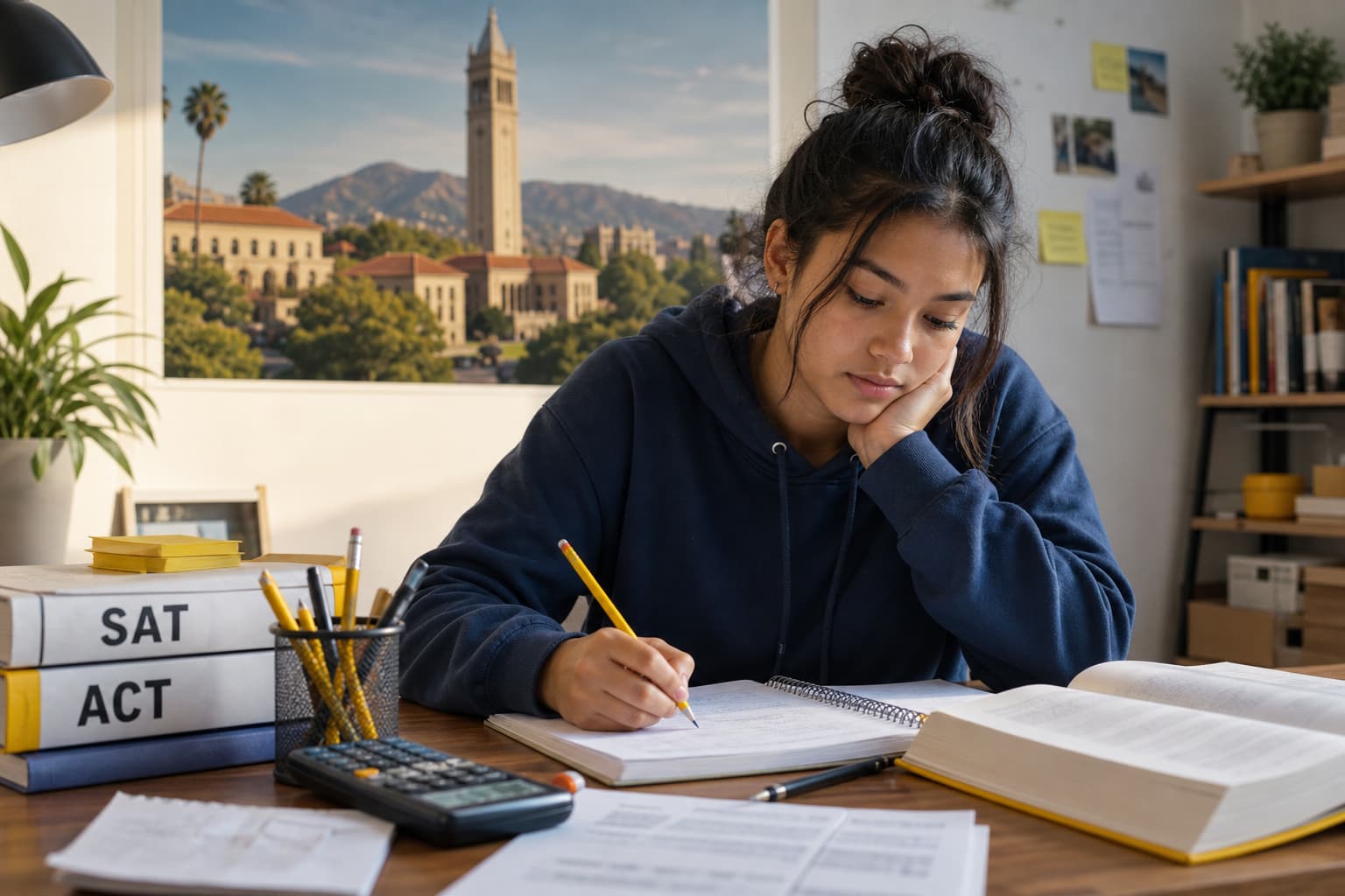 Student studying for a standardized test with a California college admissions guide