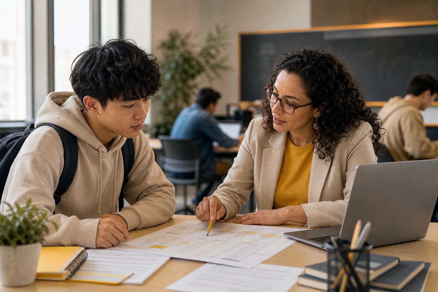 International college student reviewing a course schedule with an advisor