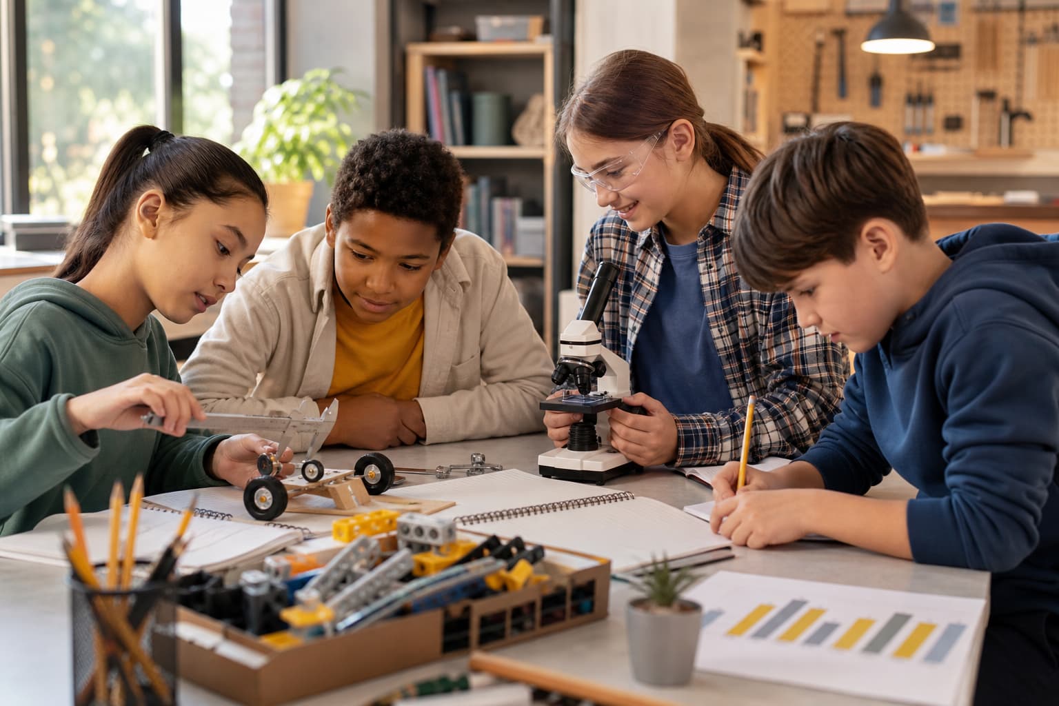 Children work together on a hands-on STEM project during an after-school program.
