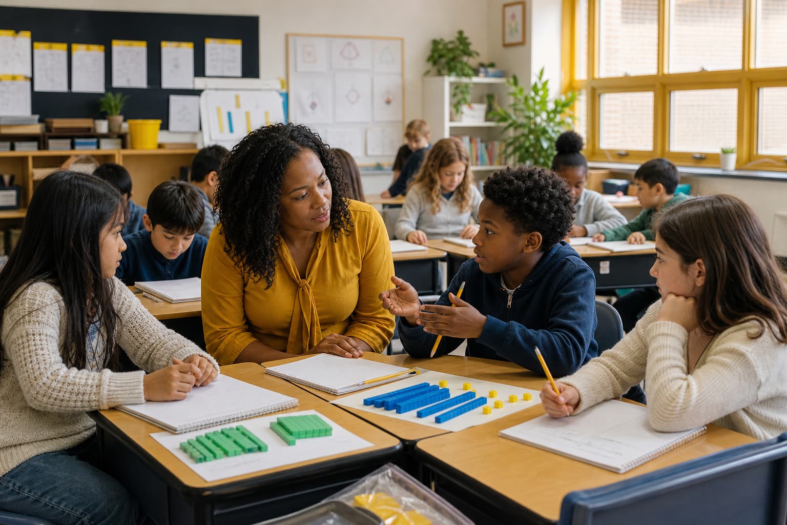 Teacher helping elementary students understand a math problem in a Maryland classroom