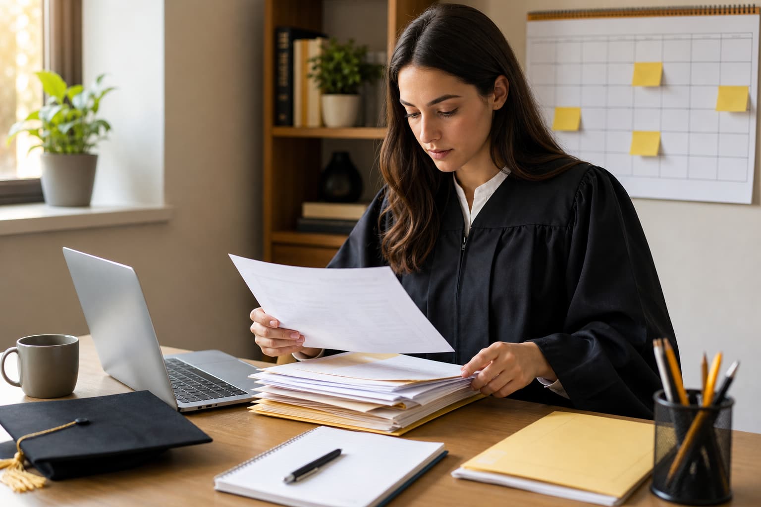 Student organizing law school applications and deadlines at a desk