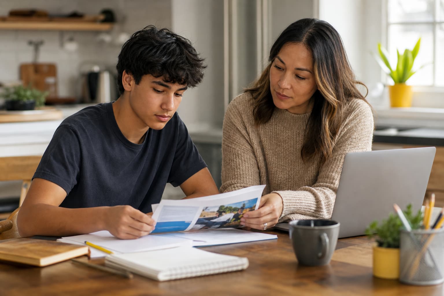Student reviewing college admissions information with a parent at a table