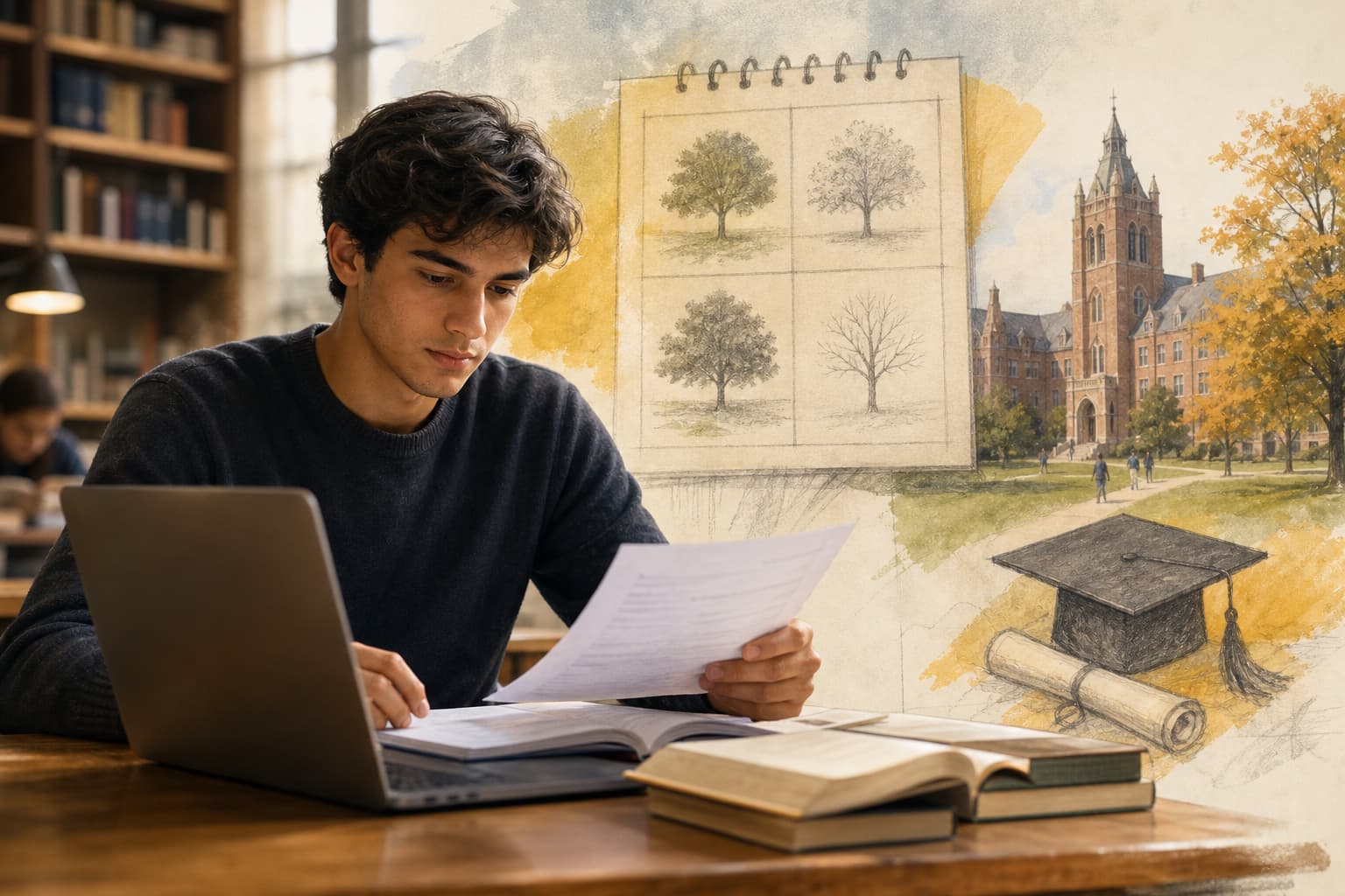 International student reviewing college planning documents with a laptop and university materials