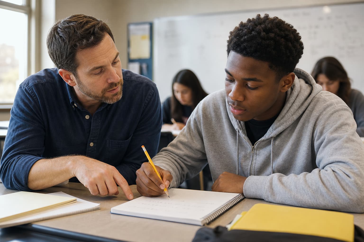A high school math teacher helps a student prepare for an Algebra 1 exam.