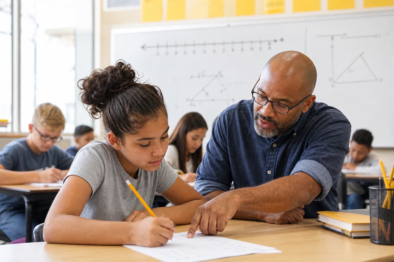 Student working through a mathematics problem with a teacher at a California middle school