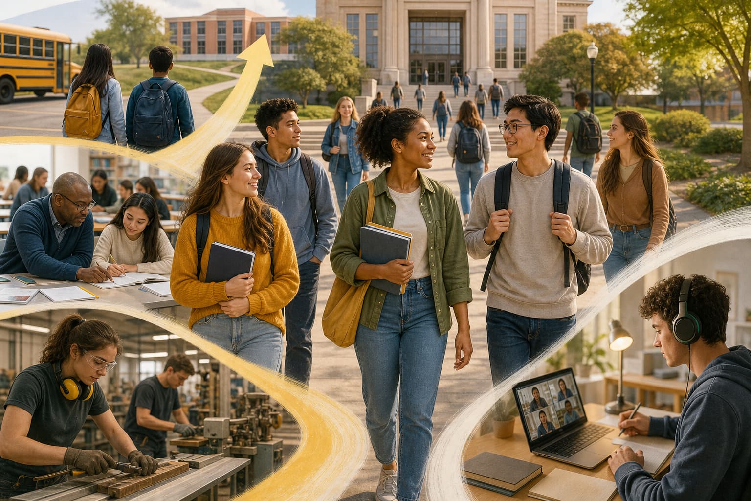 Students walking across a college campus during the 2026 enrollment season