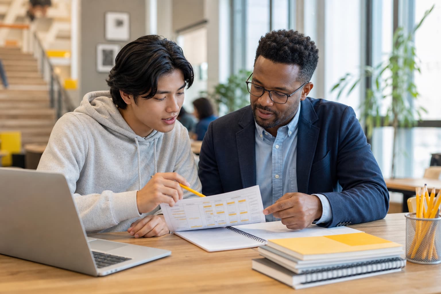 College student reviewing a degree plan with an advisor at a campus table