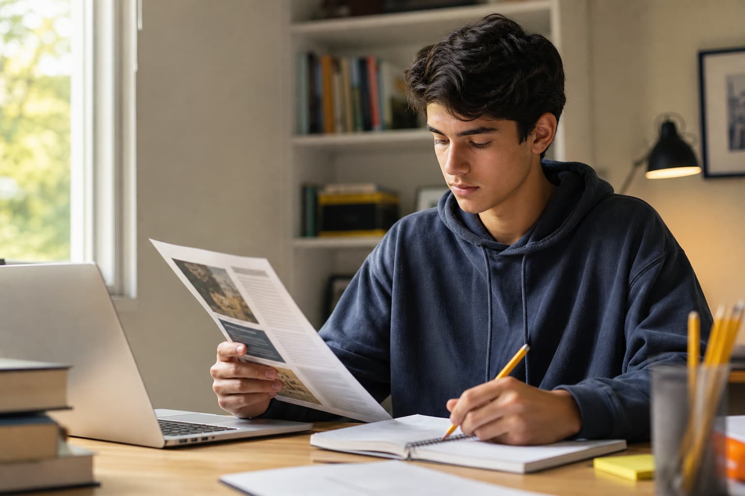 Student reviewing college academic programs and SAT planning materials at a desk