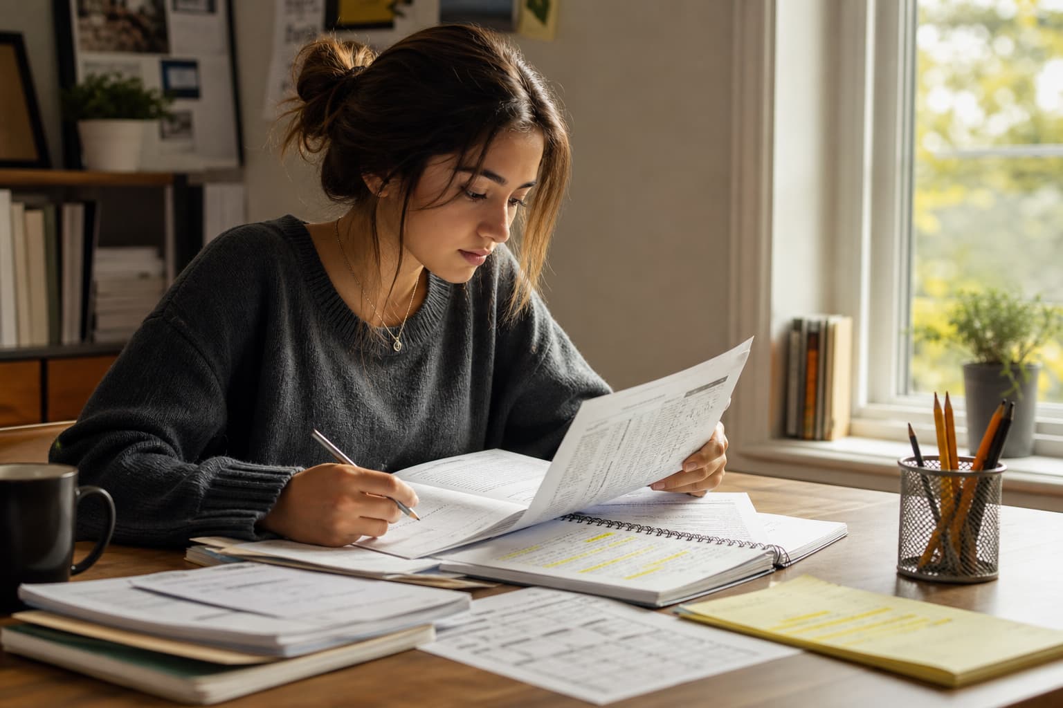 Student reviewing college admissions materials and test preparation notes at a desk