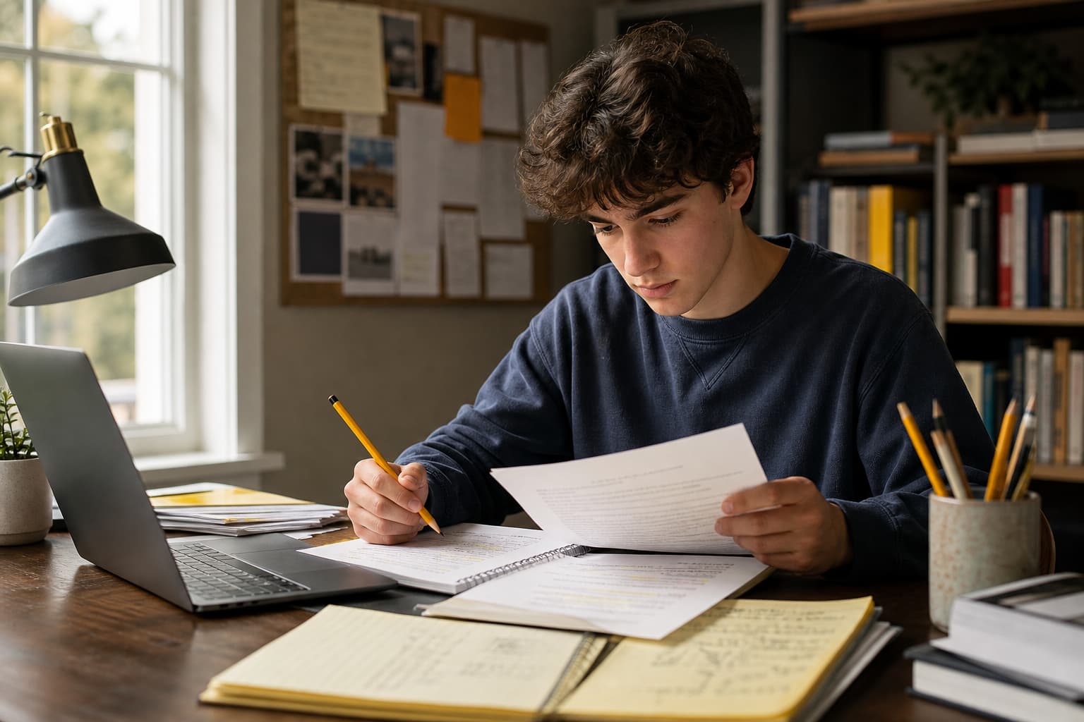 Student reviewing college application essay notes at a desk