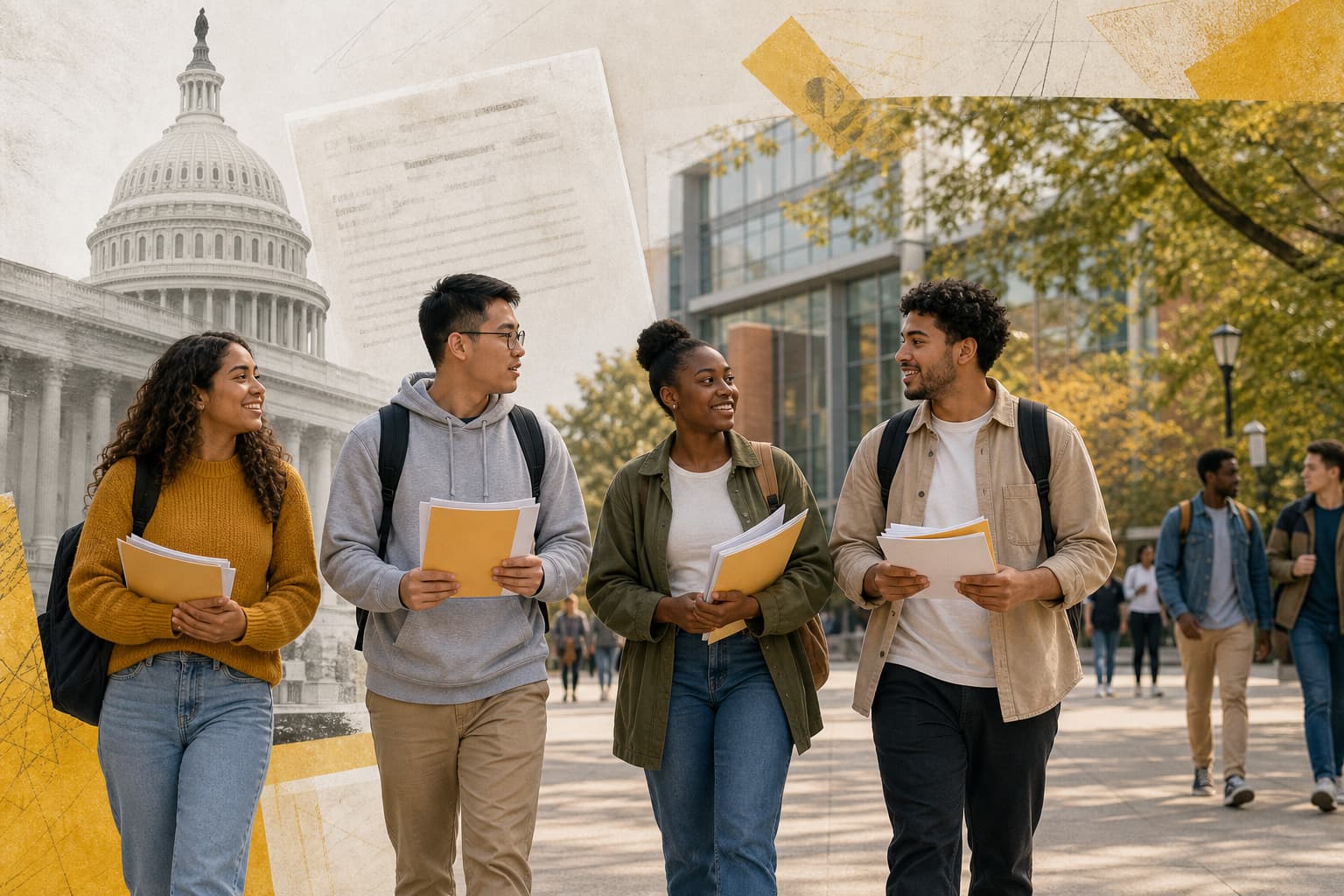 Students walking across a college campus while reviewing admissions and scholarship information