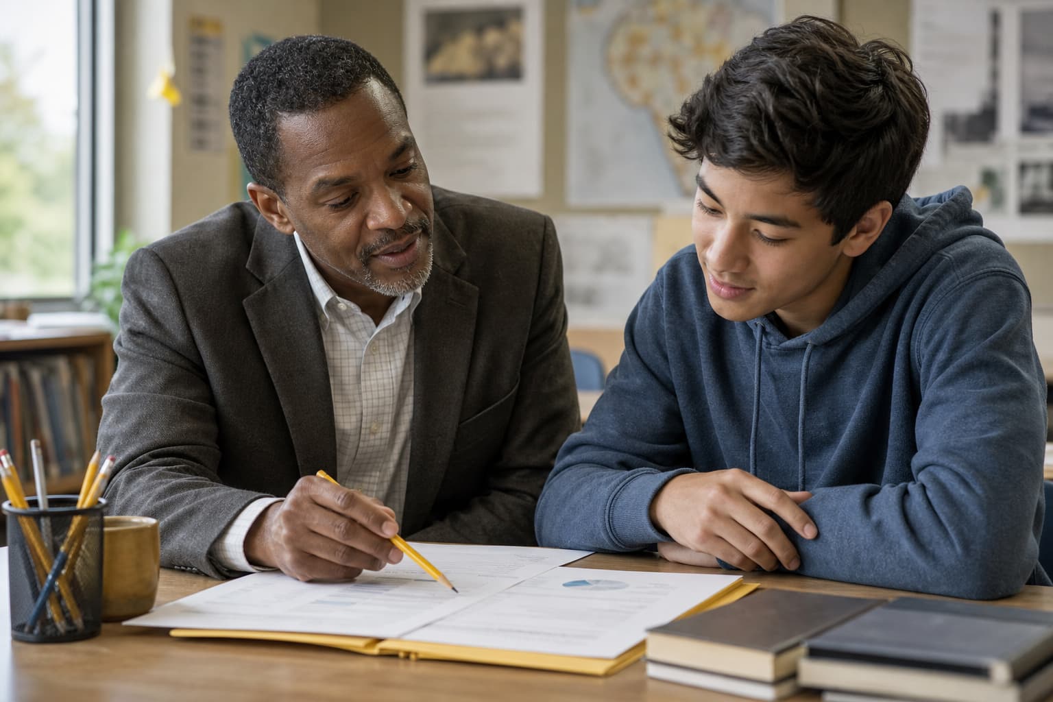 Student reviewing college planning materials with an educator at a desk