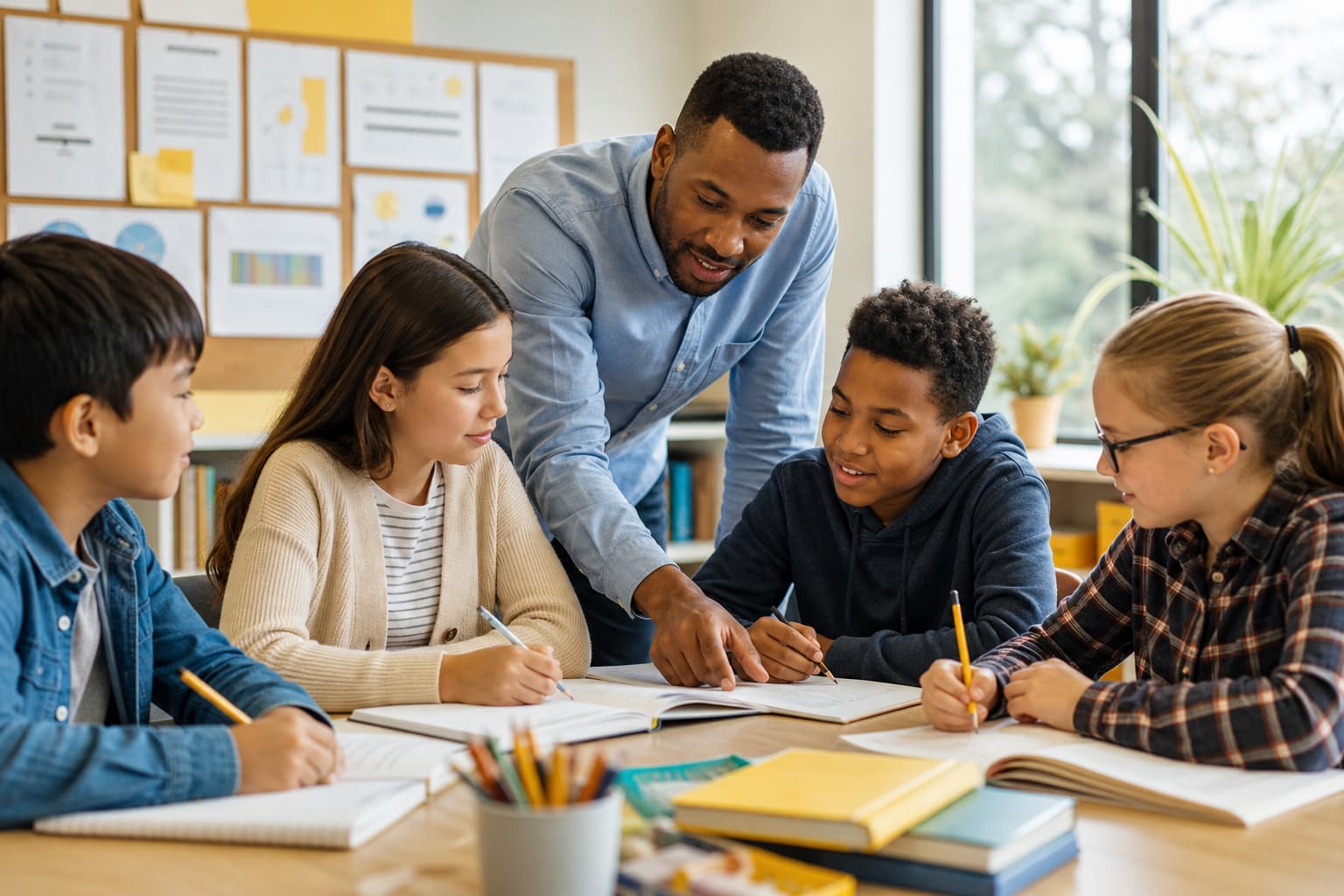 Teacher working with students in a classroom while education leaders consider local funding flexibility