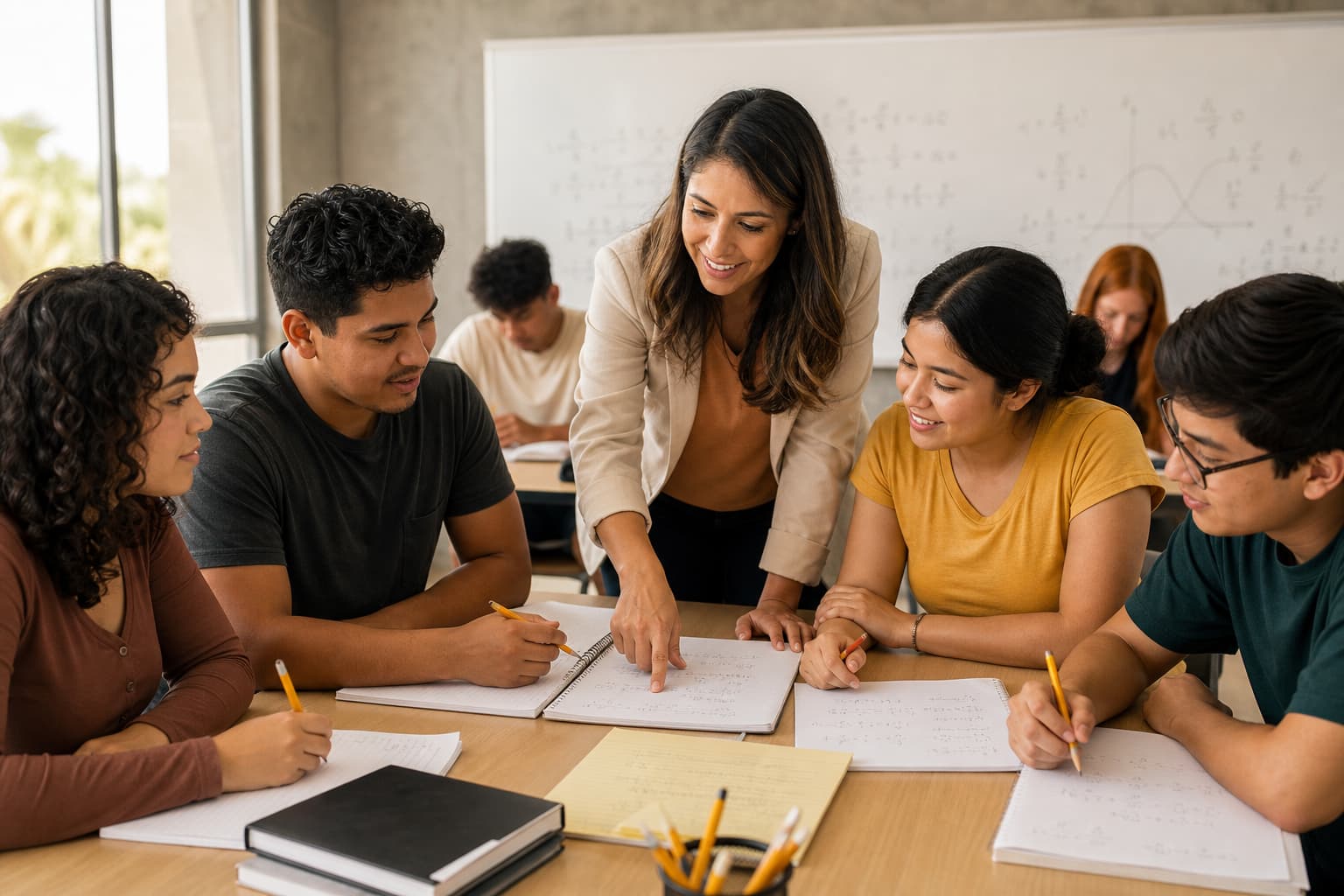 A mathematics educator helping college students work together in a supportive classroom