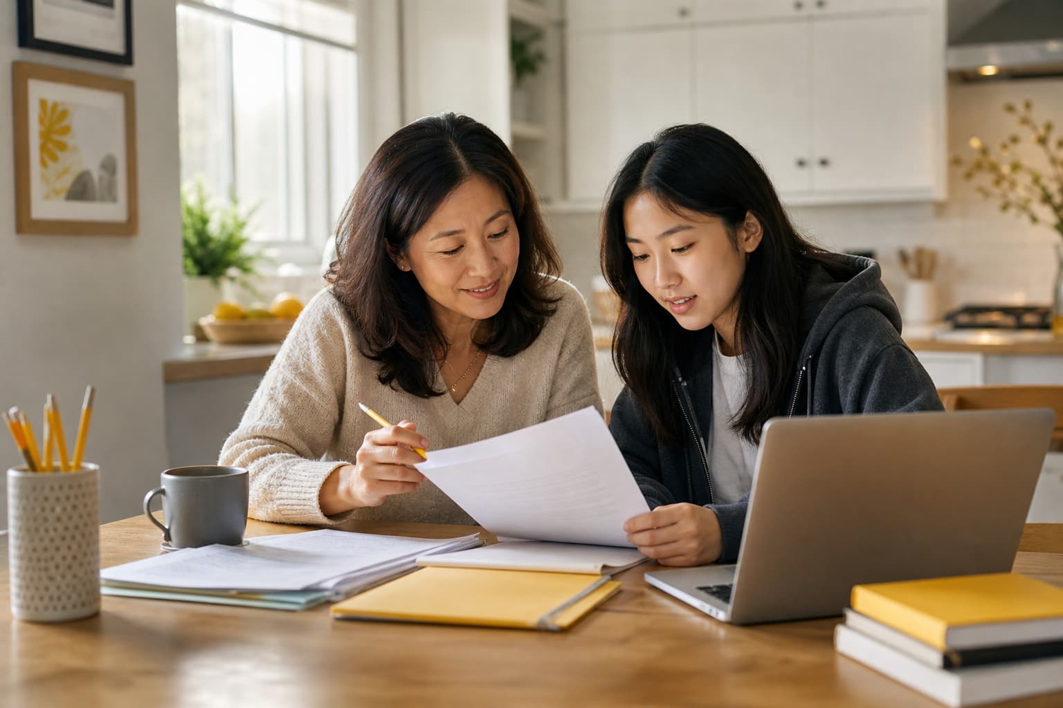 Parent and student reviewing college application materials together at a kitchen table