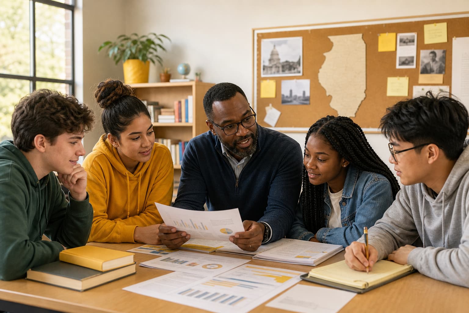 Illinois students and educators in a classroom discussing education funding options