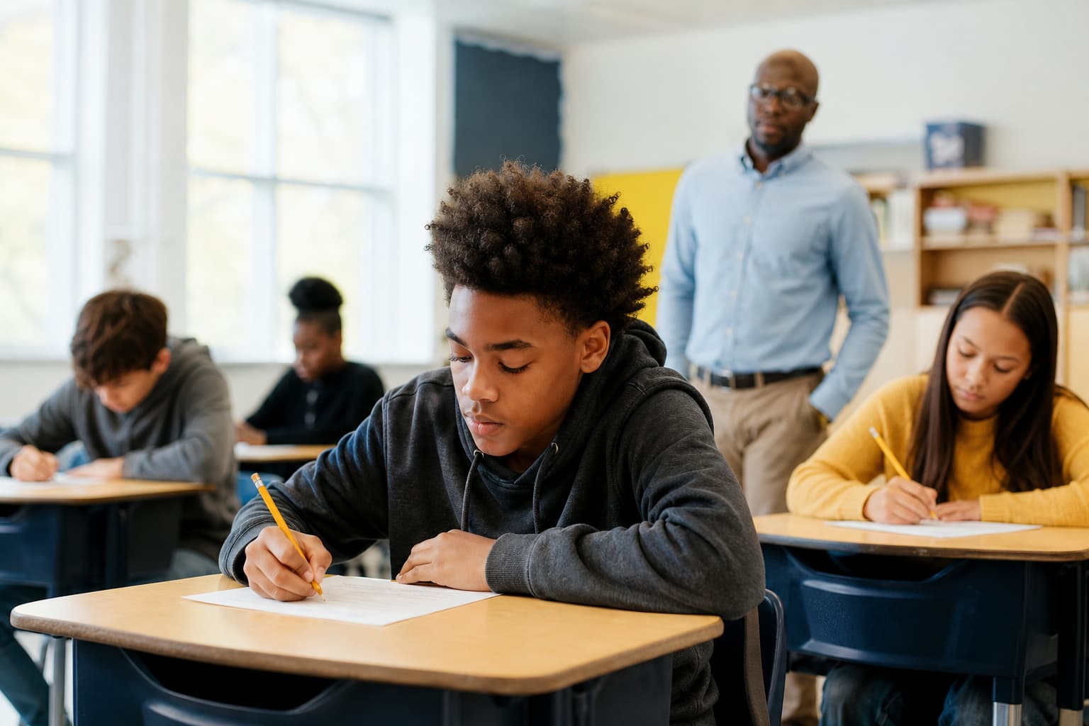 MCPS eighth grade student completing a standardized assessment at a classroom desk